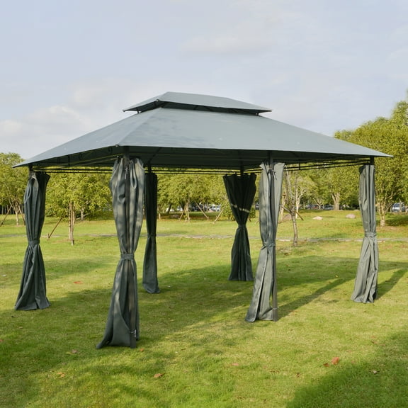 Outsunny 10' x 13' Outdoor Gazebo, Patio Tent Gazebo with Curtains, 2-Tier Canopy, Steel Frame, Extra Large Shade Shelter for Backyard, Sage Gray