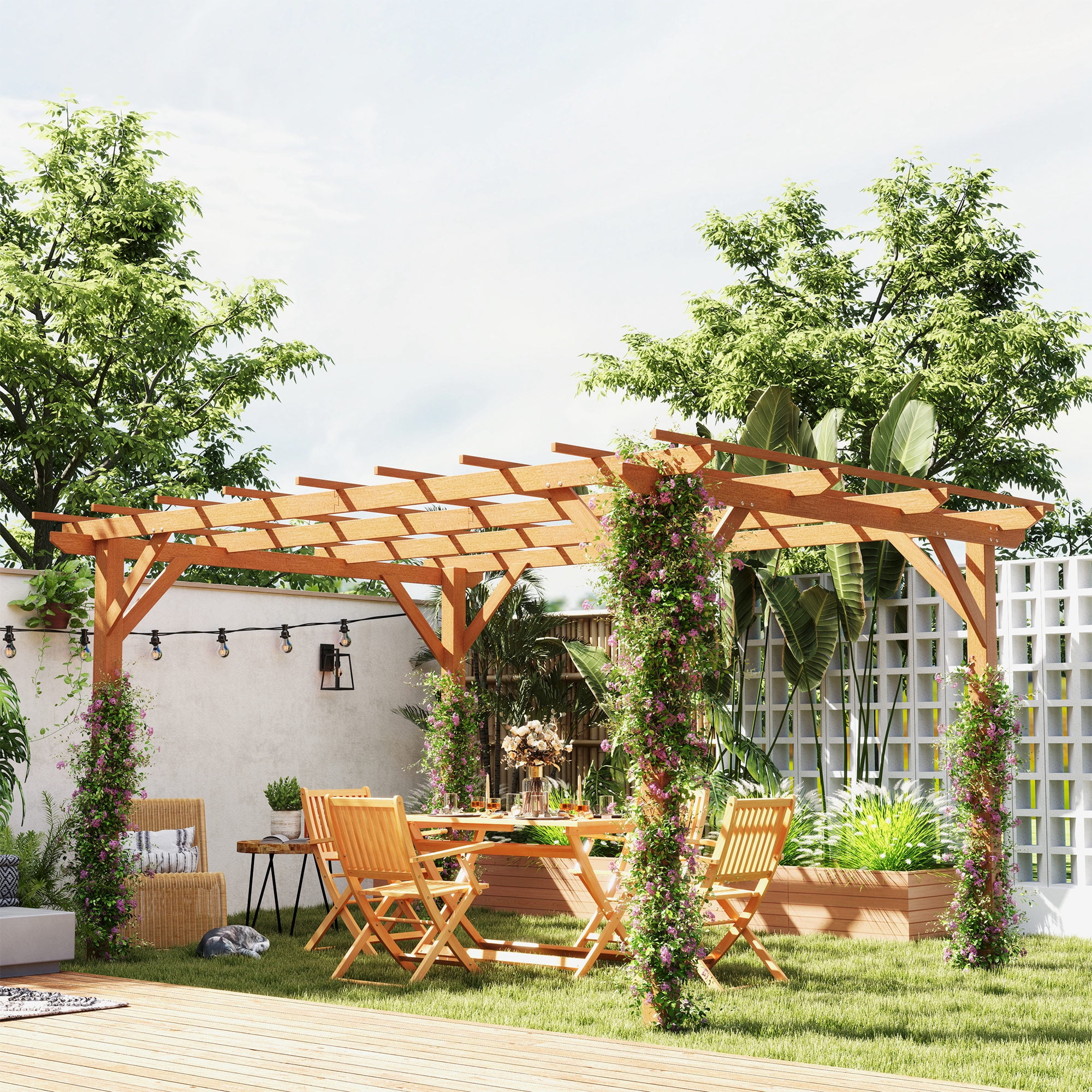 Large Dark Brown Fir Wood Outdoor Pergola with Canopy
