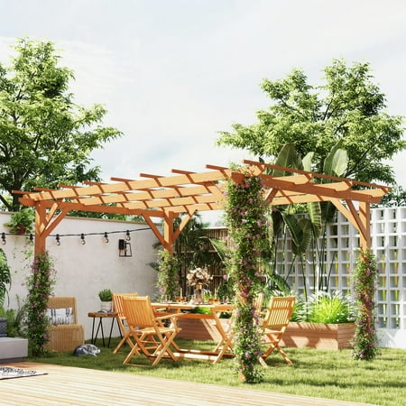 Outsunny 10' x 13' Outdoor Pergola, Wood Gazebo Grape Trellis with Stable Structure for Climbing Plant Support, Dark Brown