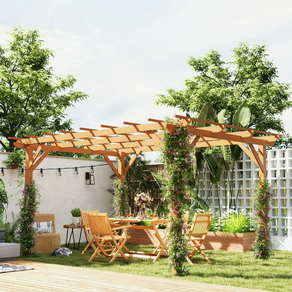 Outsunny 10' x 13' Outdoor Pergola, Wood Gazebo Grape Trellis with Stable Structure for Climbing Plant Support, Dark Brown