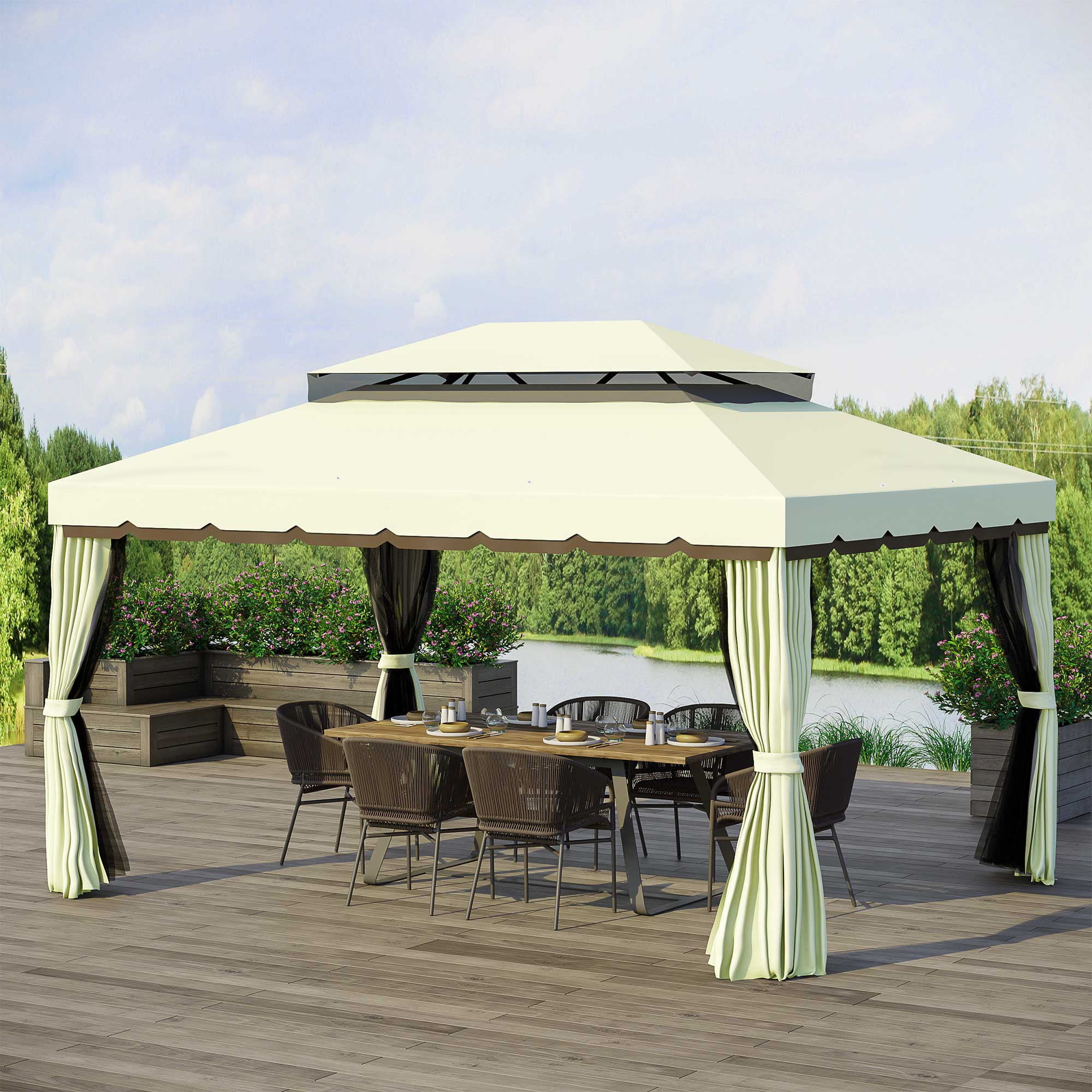 Cream White and Brown Aluminum Frame Patio Gazebo with Mesh Curtains