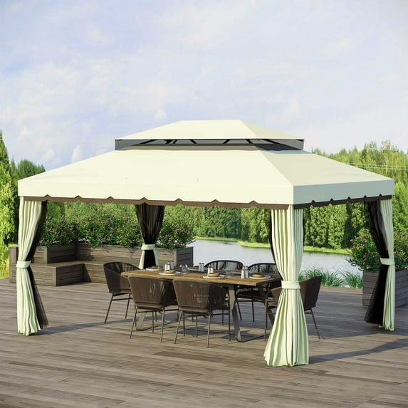 Outsunny 10' x 13' Patio Gazebo, Outdoor Gazebo Canopy Shelter with Netting and Curtains, Aluminum Frame for Garden, Lawn, Backyard and Deck, Cream White