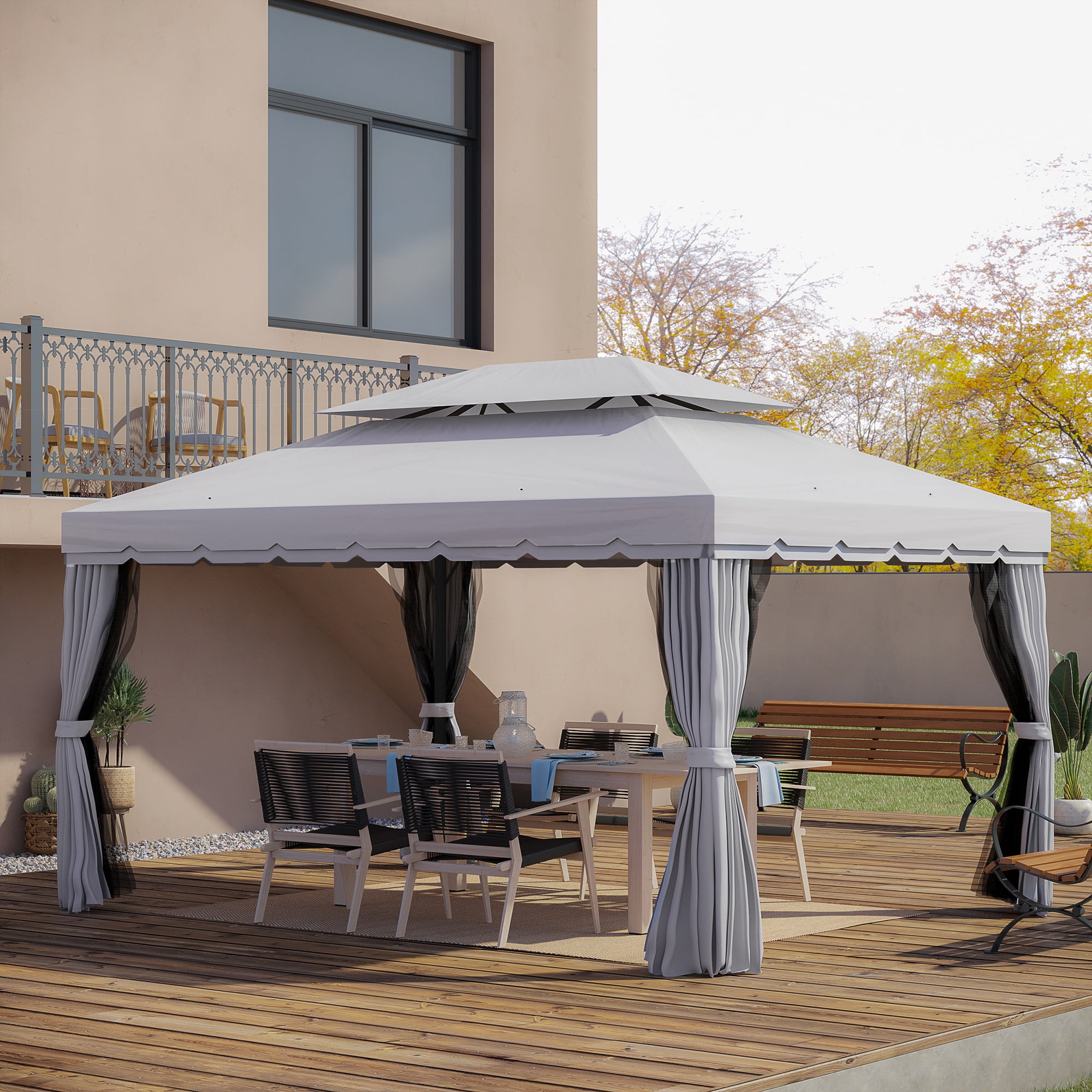 Light Gray Aluminum Patio Gazebo with Curtains and Netting