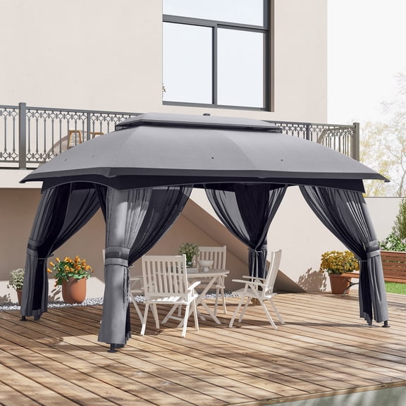 Outsunny 10' x 13' Patio Gazebo with Netting & Curtains, Dark Gray