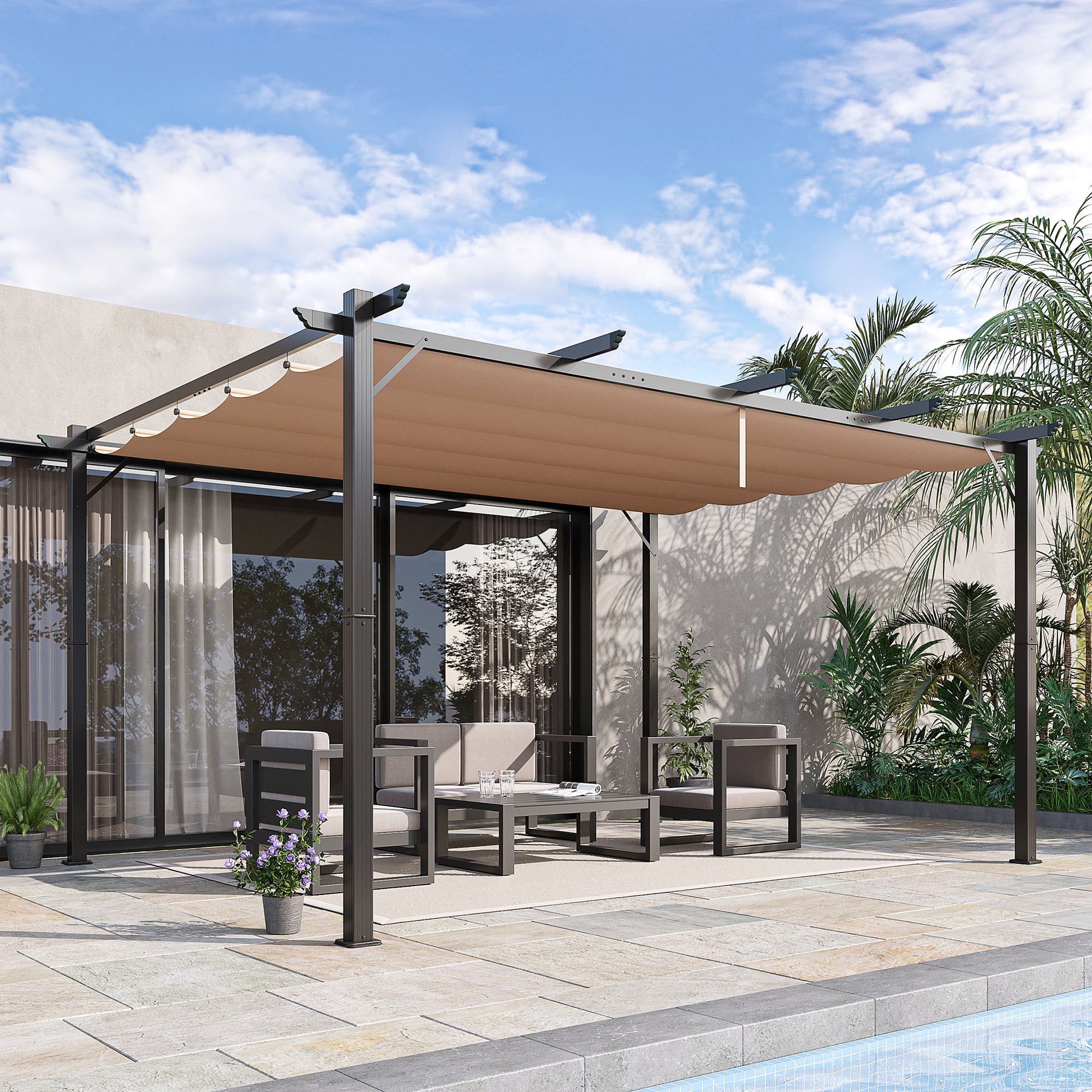 Charcoal Grey Aluminum Pergola with Retractable Canopy