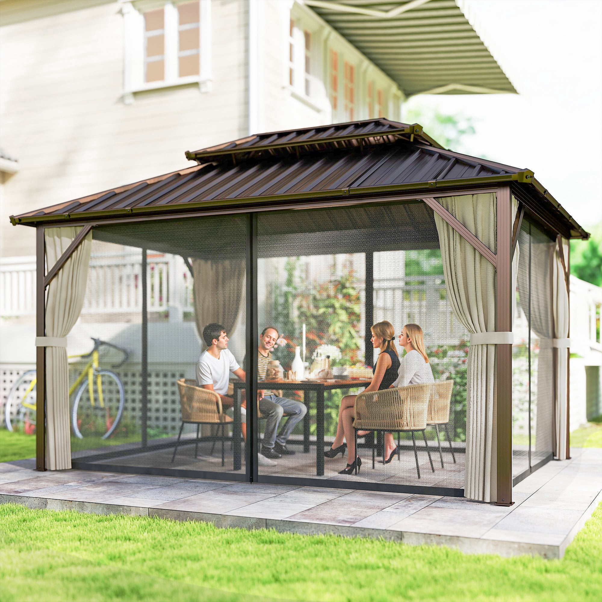 Outsunny 10' x 14' Hardtop Gazebo with UPF50+ Double Galvanized Steel Roof Canopy, Aluminum Frame Permanent Gazebo with Curtains, Netting, Brown