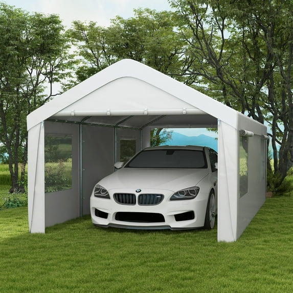 Outsunny 10' x 20' Carport Canopy, Heavy Duty w/ 4 Windows, 2 Doors, White