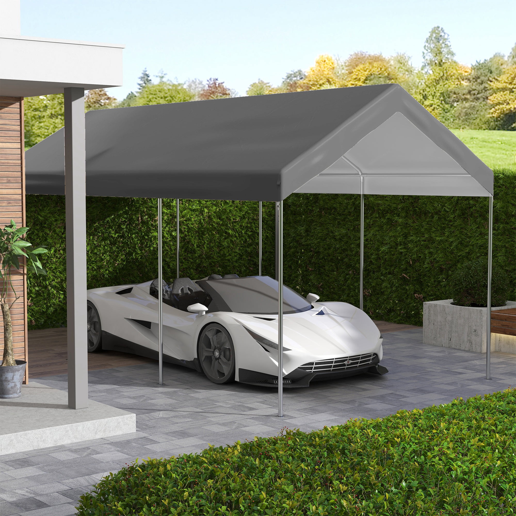 Dark Gray Polyethylene Carport Canopy Replacement Cover with Bungee Cords