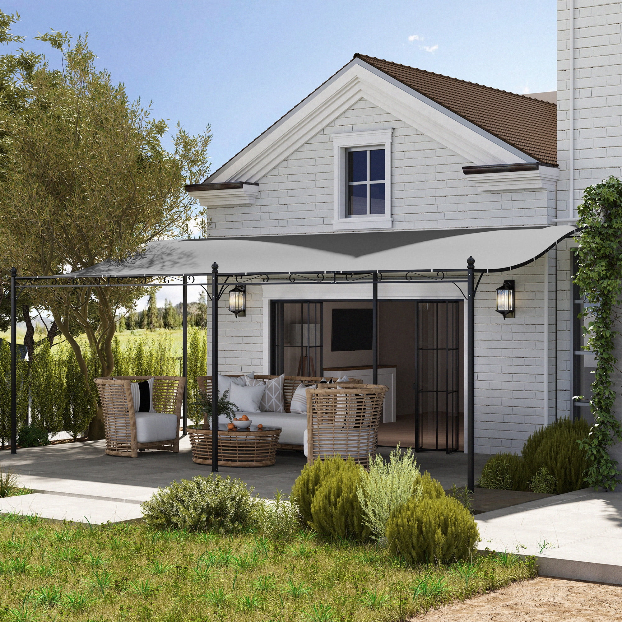 Outsunny 10' x 20' Outdoor Pergola Canopy, Wall-Mounted Metal Patio ...