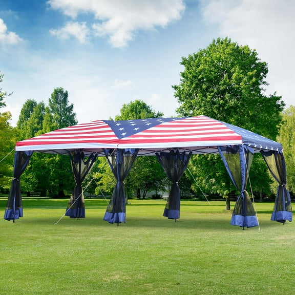 Outsunny 10' x 20' Pop Up Canopy Tent with Netting, Heavy Duty Large Party Tent, Instant Sun Shelter with Carry Bag for Backyard Garden Patio, American Flag