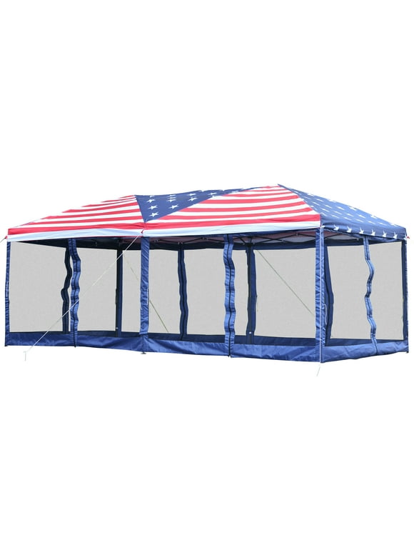 Outsunny 10’ x 20’ Pop Up Party Tent Gazebo Wedding Canopy with Removable Mesh Sidewalls - American Flag Print