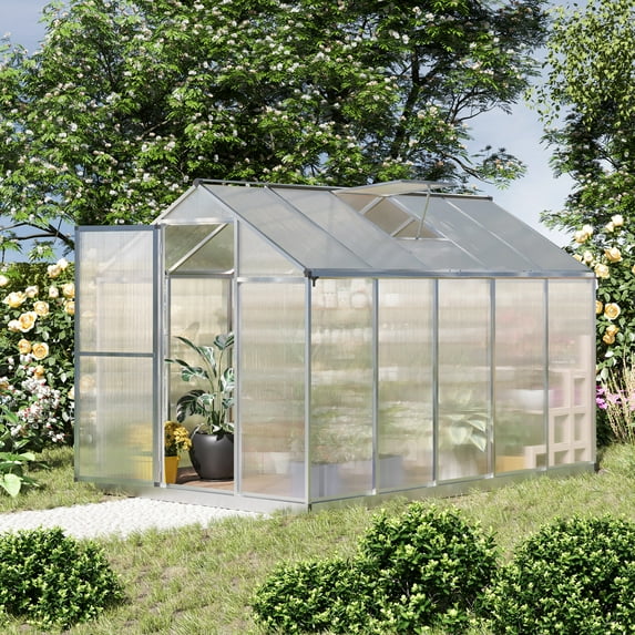 Outsunny 10' L x 6' W Walk-In Polycarbonate Greenhouse with Roof Vent for Ventilation & Rain Gutter, Hobby Greenhouse for Winter