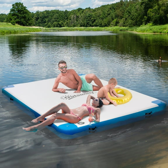 Outsunny 10' x 7' Water Inflatable Floating Dock, Inflatable Platform Island, Large Floating Mat Raft with Air Pump & Backpack, for Pool, Beach, Ocean, White