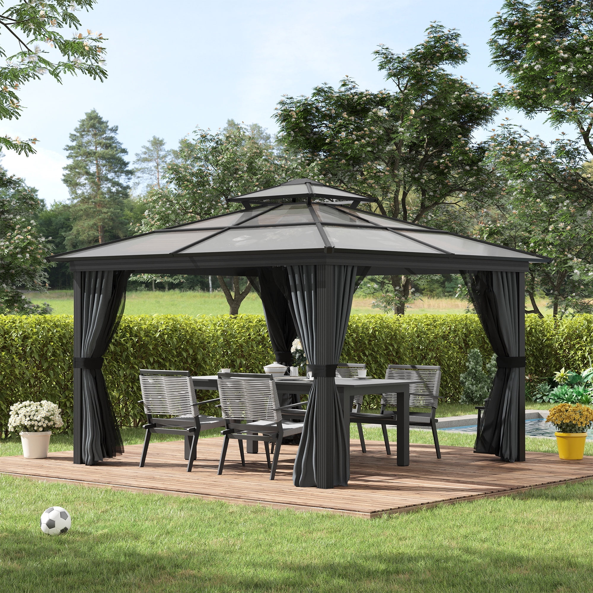 Black Aluminum Frame Hardtop Gazebo with Polycarbonate Roof and Curtains