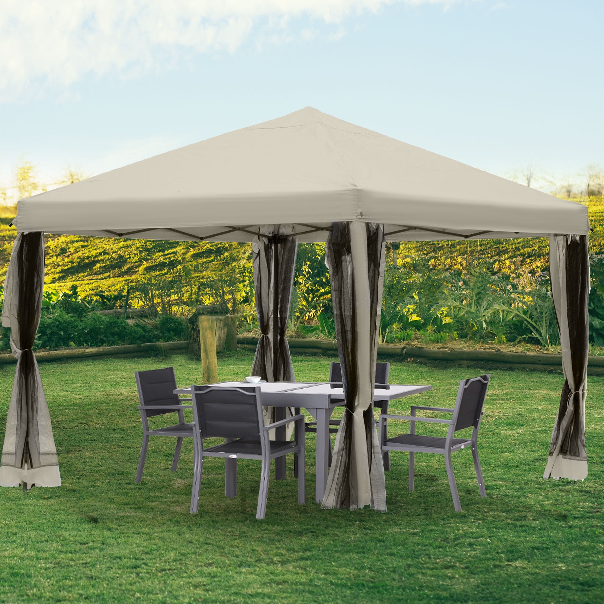 Beige 10' x 10' Pop-Up Canopy Tent with Mesh Sidewalls