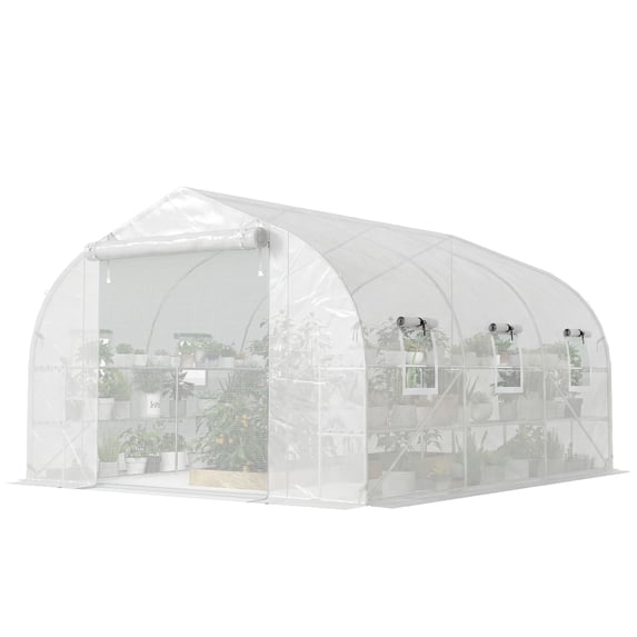 Outsunny 10'x11'x6' Walk-in Tunnel Greenhouse, Galvanized Steel Frame with UV-Resistant PE Cover, Two-Tier Shelves, Mesh Windows & Roll-Up Door, White Outdoor Garden Hot House