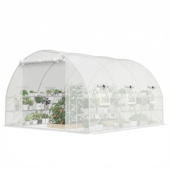 Outsunny 10'x11'x6' Walk-in Tunnel Greenhouse with Shelves, UV-Resistant PE Cover, Galvanized Steel Frame, Mesh Windows and Roll-Up Door for Outdoor Backyard Gardening, White