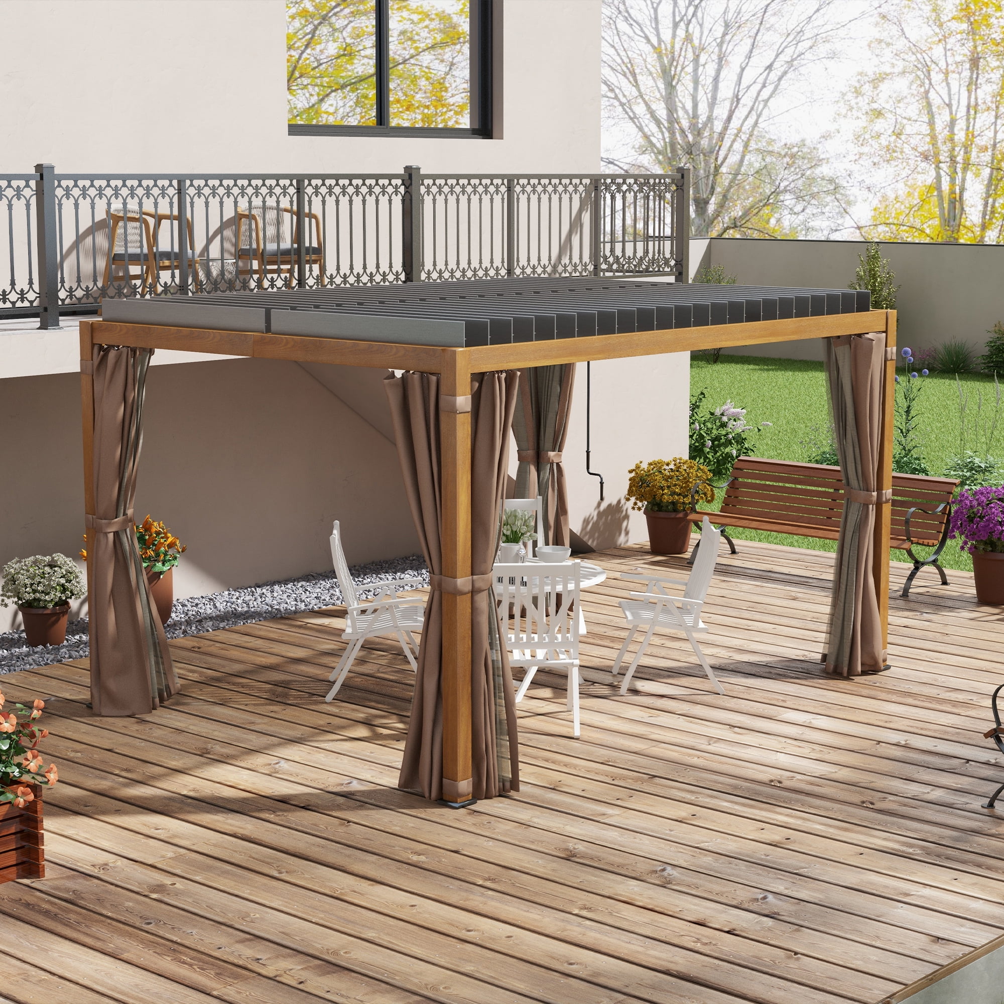 Gray and Natural Aluminum Pergola with Canopy and Curtains