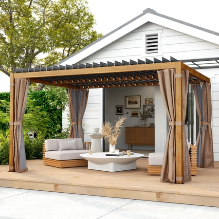 Outsunny 10 x 13 ft. Aluminum Pergola with Adjustable Roof, Natural Wood