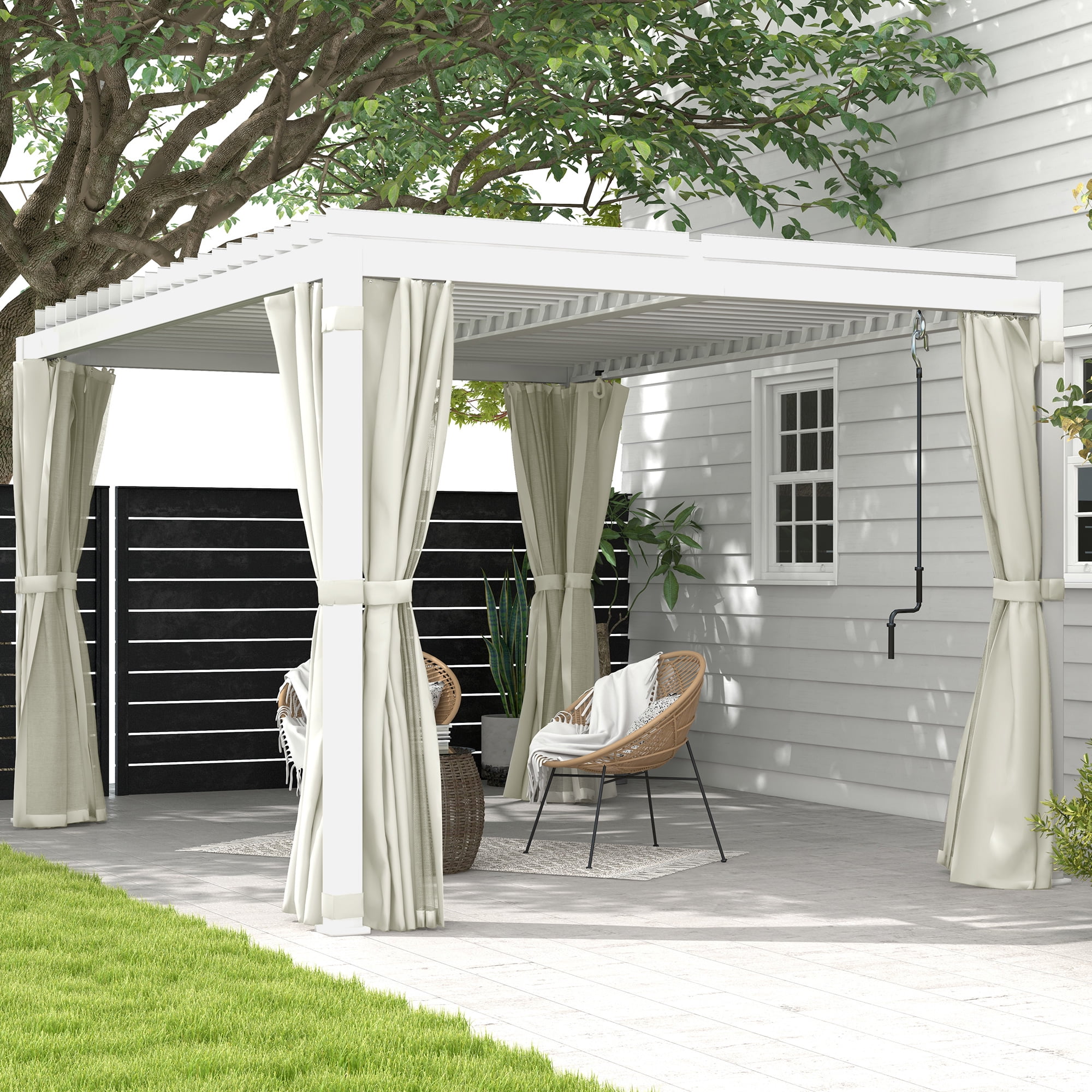 White Aluminum Outdoor Pergola with Adjustable Canopy and Curtains