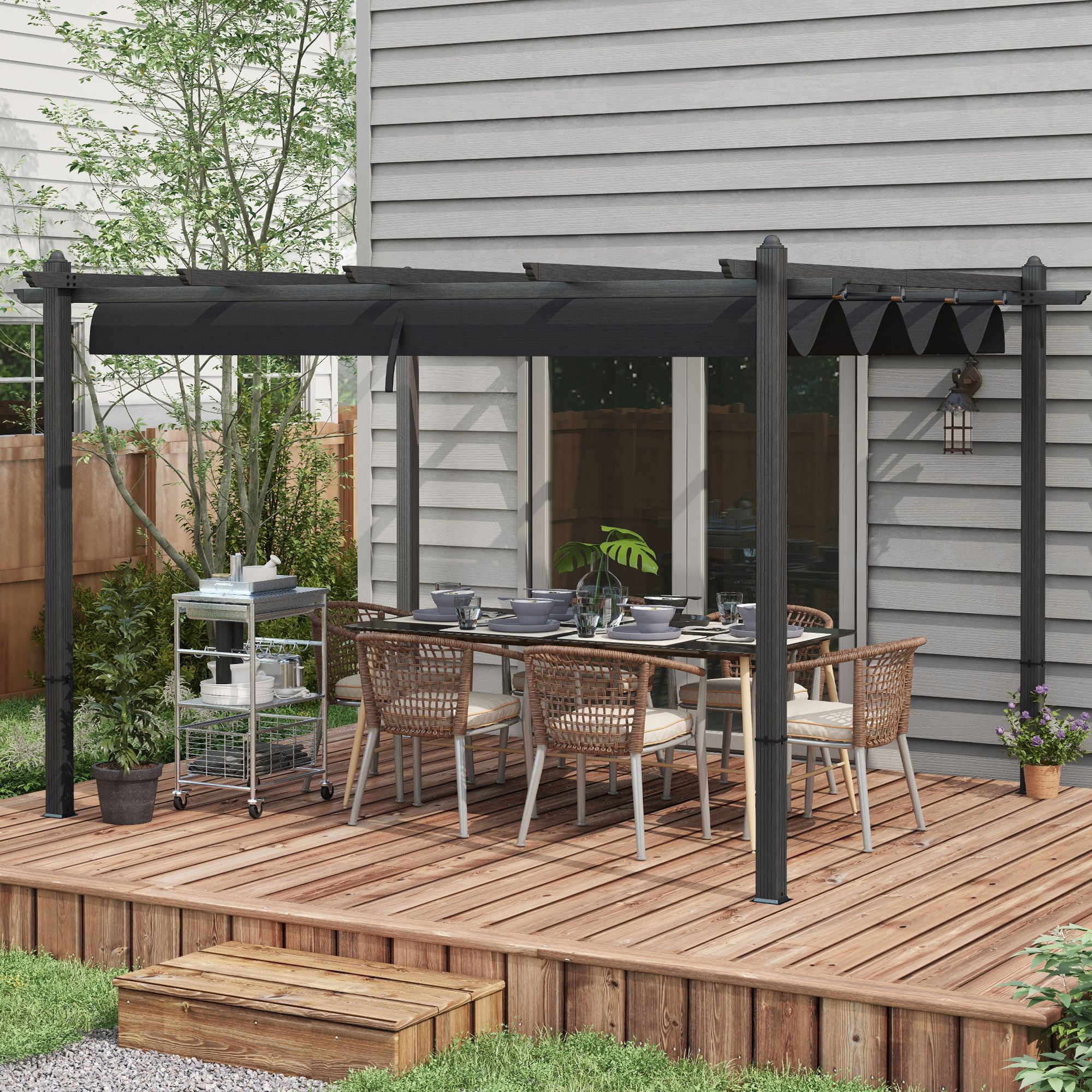 Gray Aluminum 10' x 13' Retractable Pergola with Canopy