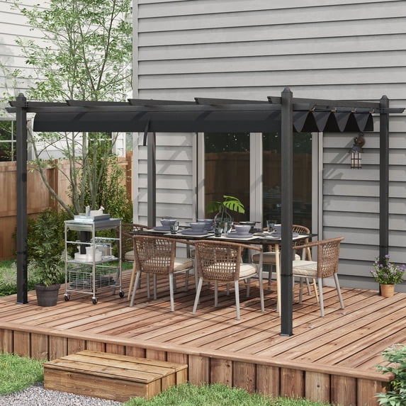 Outsunny 10'x13' Retractable Pergola with Wood Grain Aluminum Frame, Gray