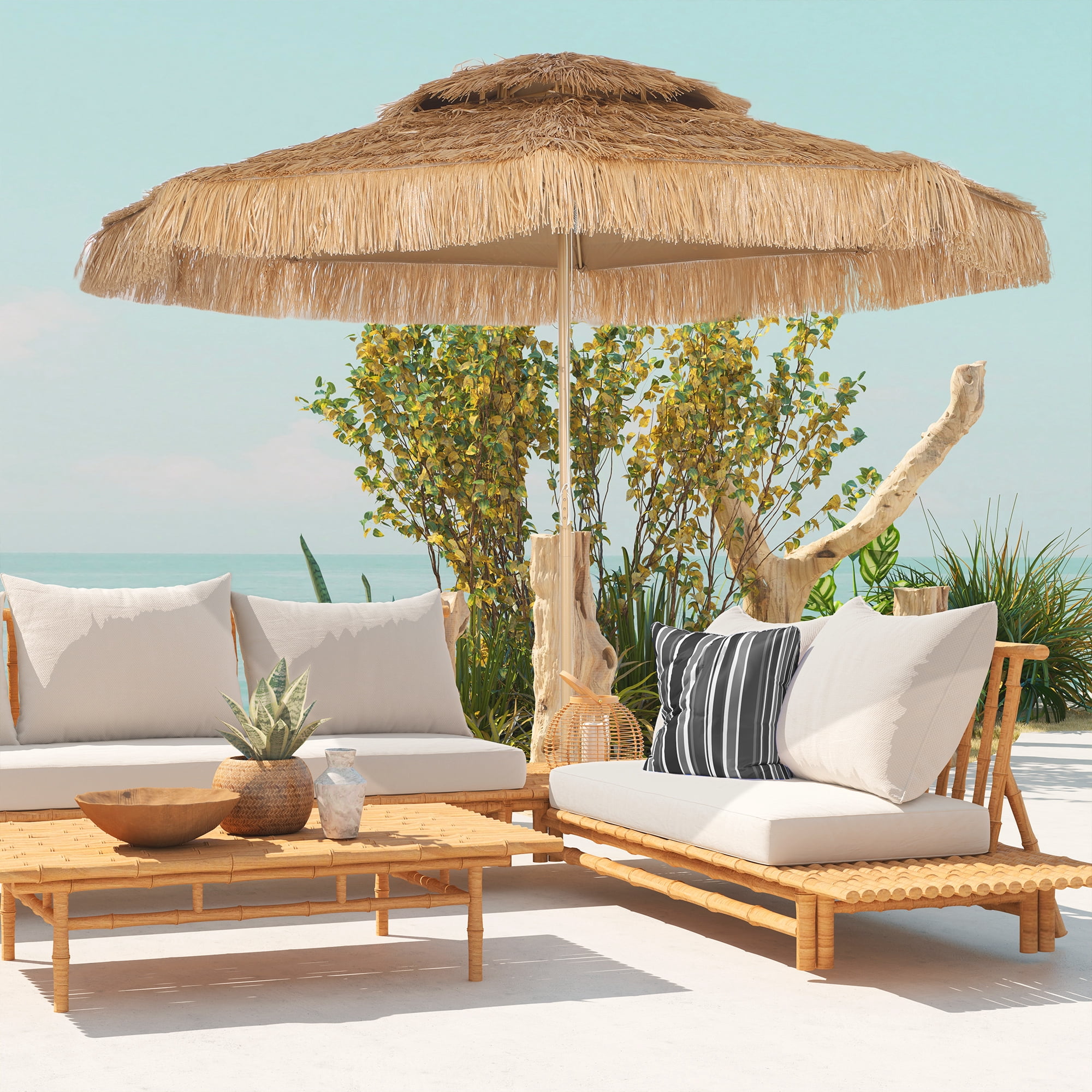 Outsunny 10 ft. Hula Thatched Tiki Patio Umbrella, Hawaiian Style Outdoor Umbrella with 8 Ribs, UPF30+, for Garden, Backyard, Deck, Pool, Natural