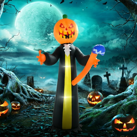 Outsunny 118.1" Inflatable Halloween Pumpkin Head Ghost with Hammer, Halloween Decoration with LED Lights for Garden Indoor Outdoor