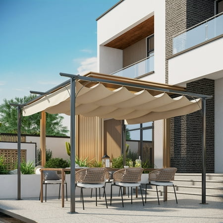 Outsunny 11.5'x11.5' Retractable Patio Gazebo Pergola, UV Resistant, Beige