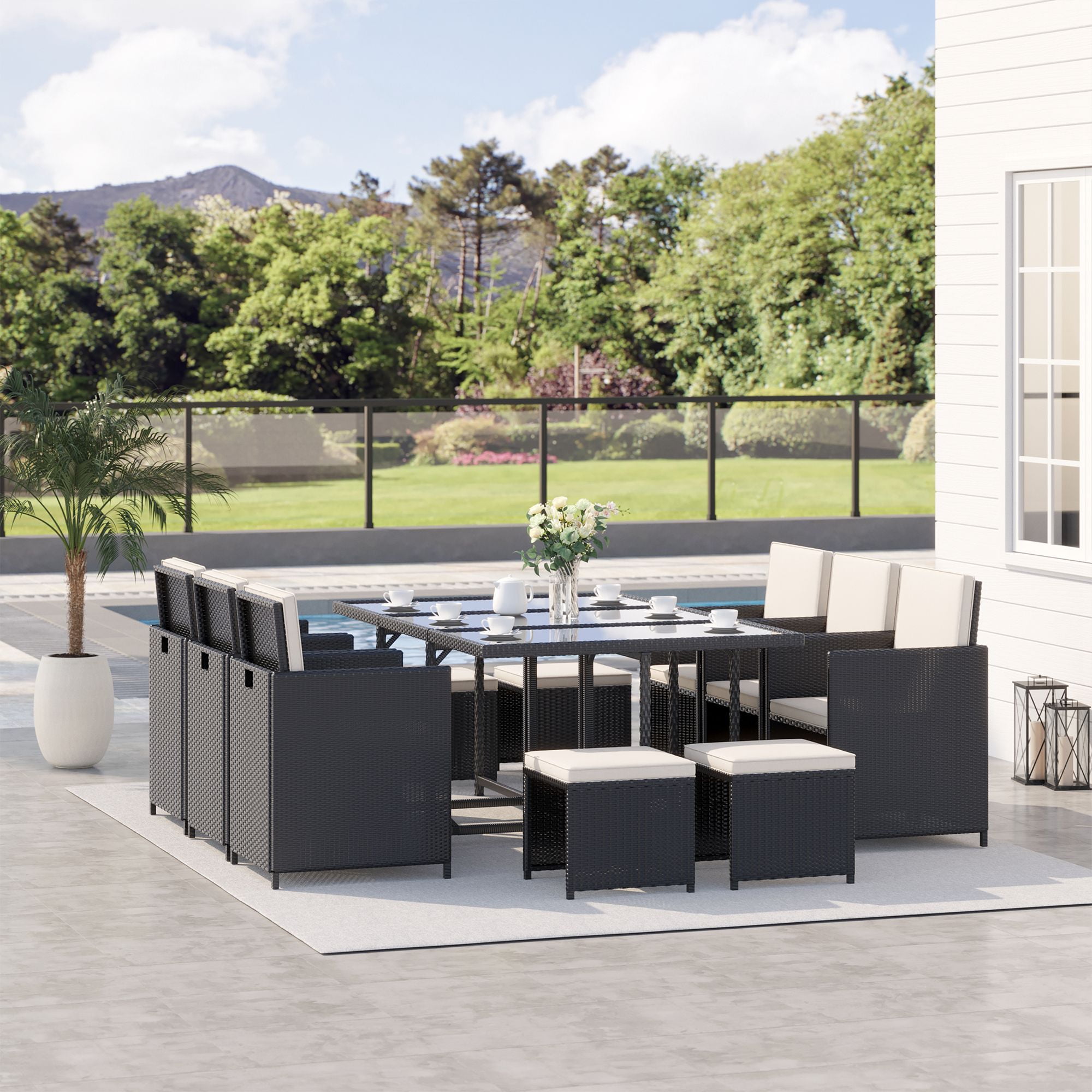 Outsunny 11 Piece Patio Furniture Set Wicker Dining Conversation Ottoman Chair Cream White Walmart