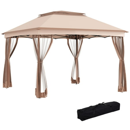 Outsunny 11' x 11' Outdoor 2-Tier Top Folding Portable Pop up Gazebo Canopy, Beige