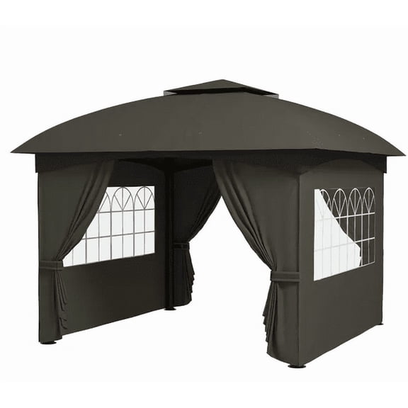 Outsunny 11‘ x 11‘ Outdoor Gazebo Double Roof Patio Gazebo with Curtains Church Windows Galvanized Steel Frame Dark Gray
