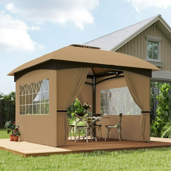 Outsunny 11' x 11' Outdoor Patio Gazebo with Curtains, Church Windows, Galvanized Steel Frame for Lawn, Backyard and Deck, Beige