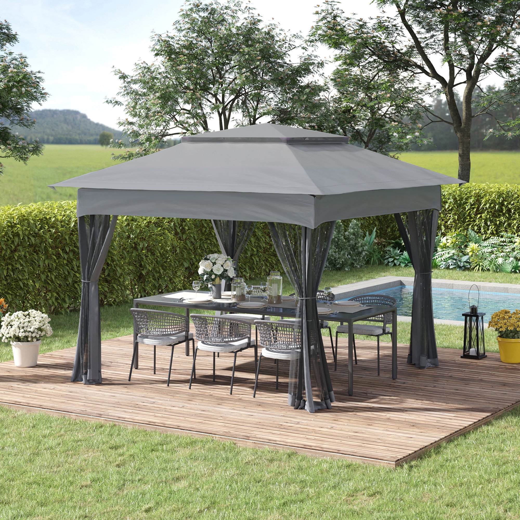Outsunny 11' x 11' Pop Up Gazebo Outdoor Canopy Shelter with 2-Tier Soft Top, and Removable Zipper Netting, Event Tent with Large Shade, Light Gray