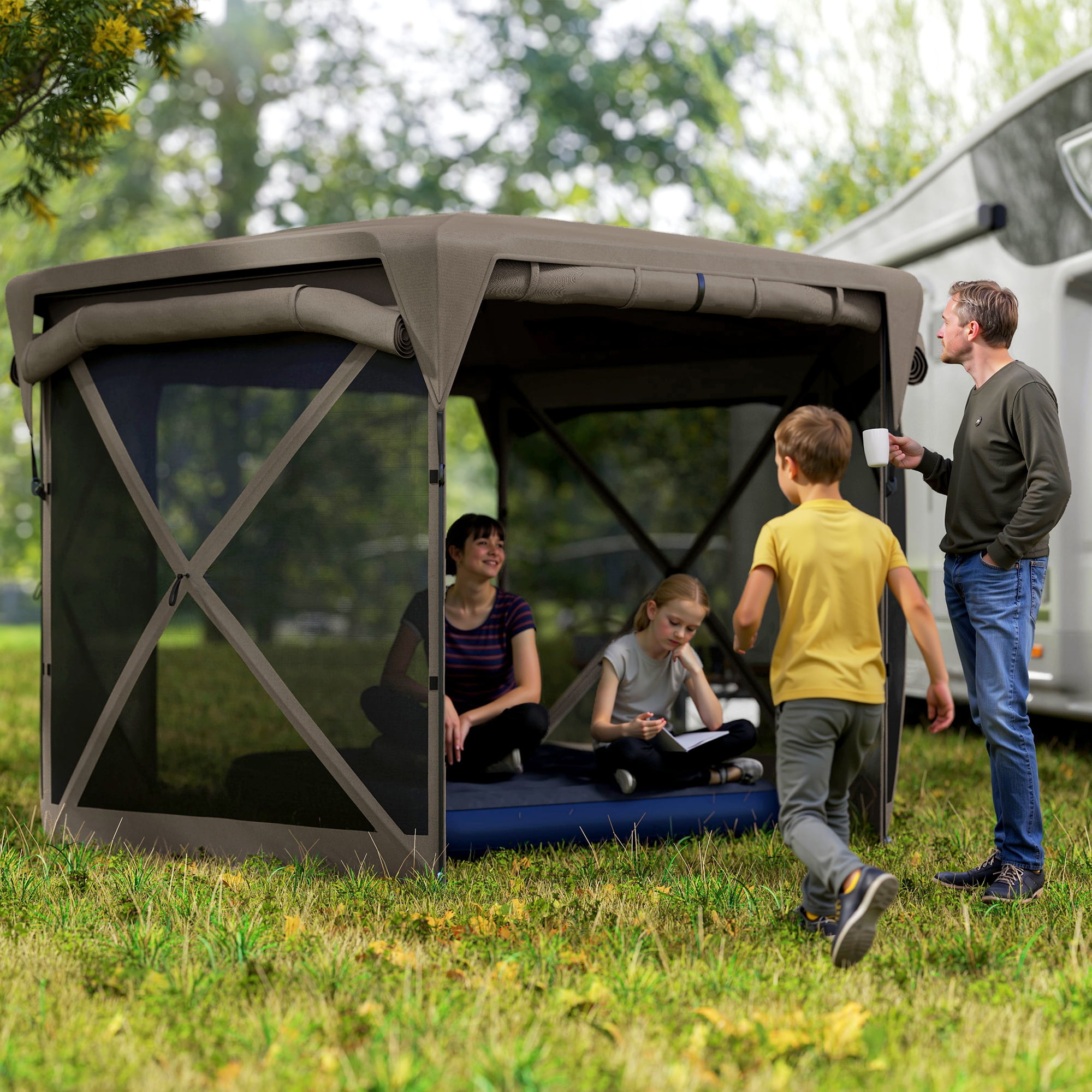 Outsunny 11 x 11ft Pop Up Gazebo Screen Tent with Removable Roof Cover, 4 Roll-up Wind Panels for Camping, Patio, Backyard, Lawn, Brown