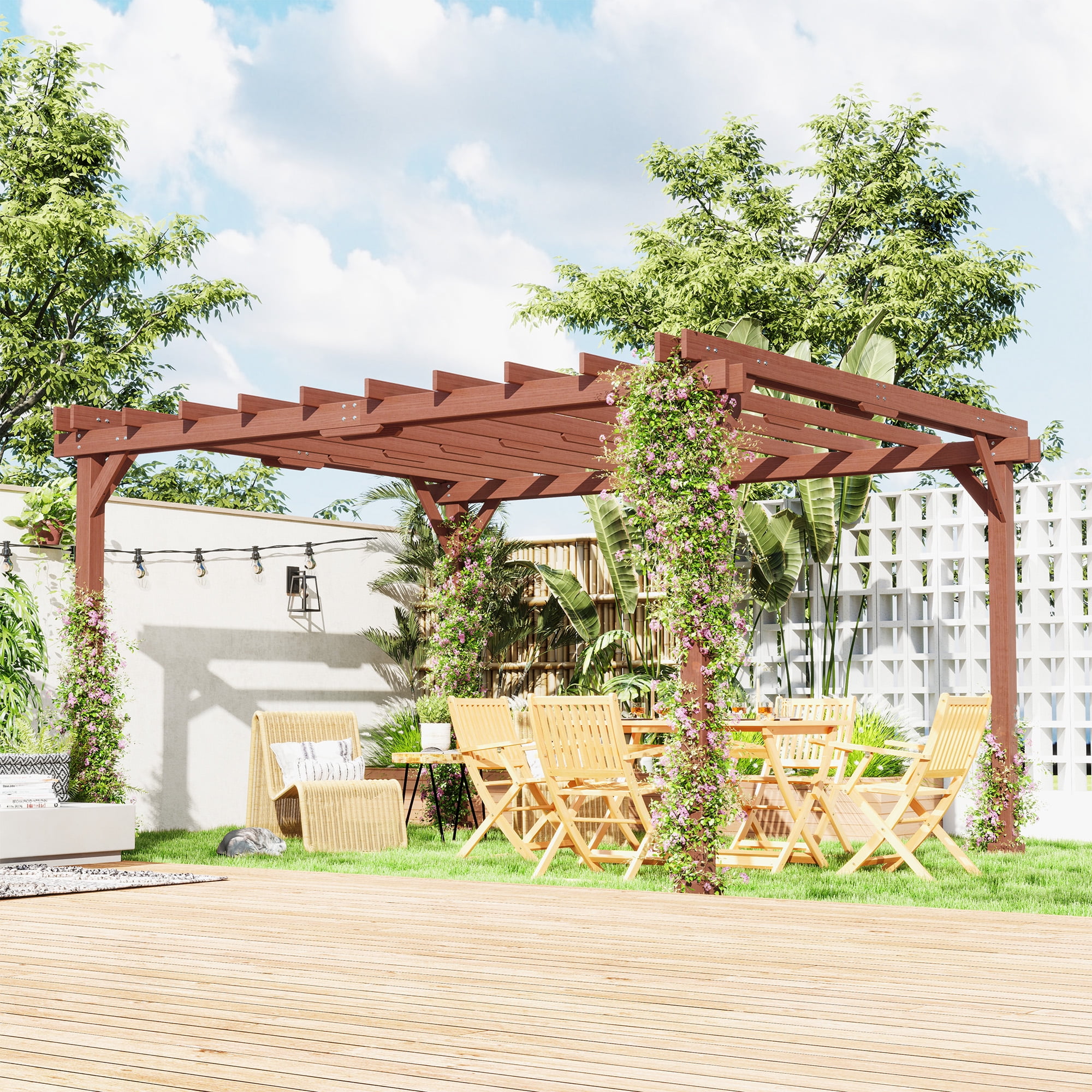 Large Brown Wooden Outdoor Pergola with Grape Trellis