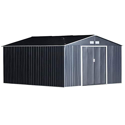 Outsunny 11' x 12.6' Metal Storage Shed Organizer, Garden Tool House with 4 Vents and 2 Sliding Doors for Backyard, Patio, Garage, Lawn, Dark Gray