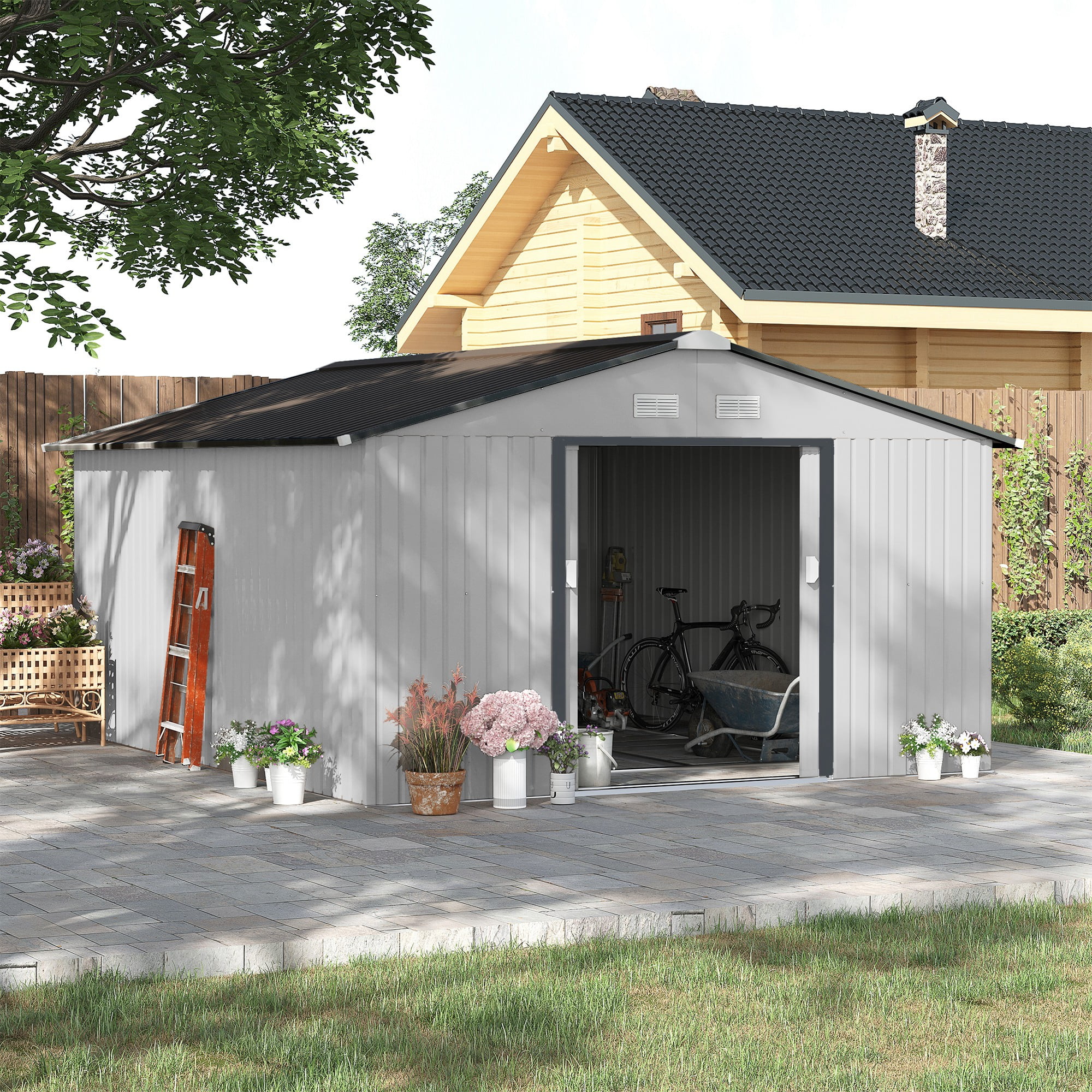 Outsunny 11' x 13' Metal Storage Shed Organizer, Garden Tool House with 4 Vents and 2 Sliding Doors for Backyard, Patio, Garage, Lawn, White