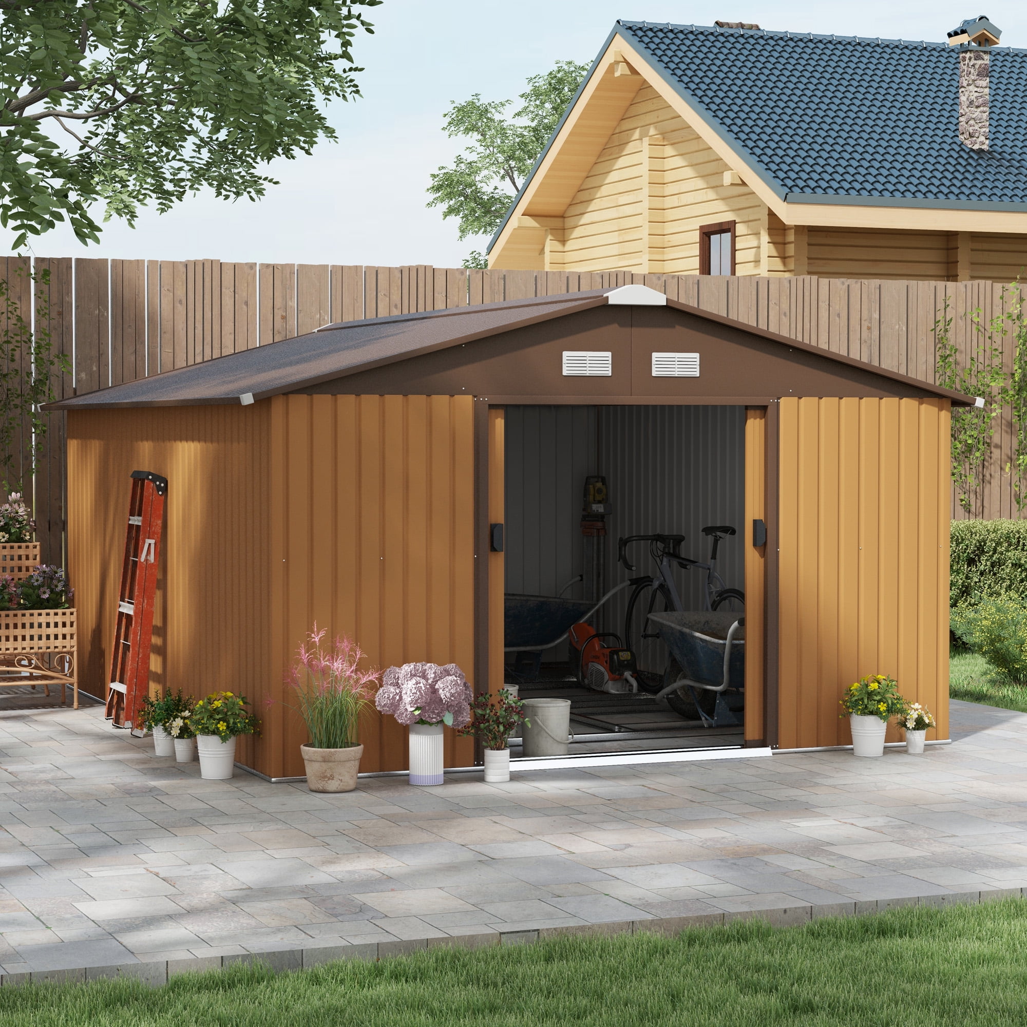 Large Brown and Yellow Metal Storage Shed with Windows