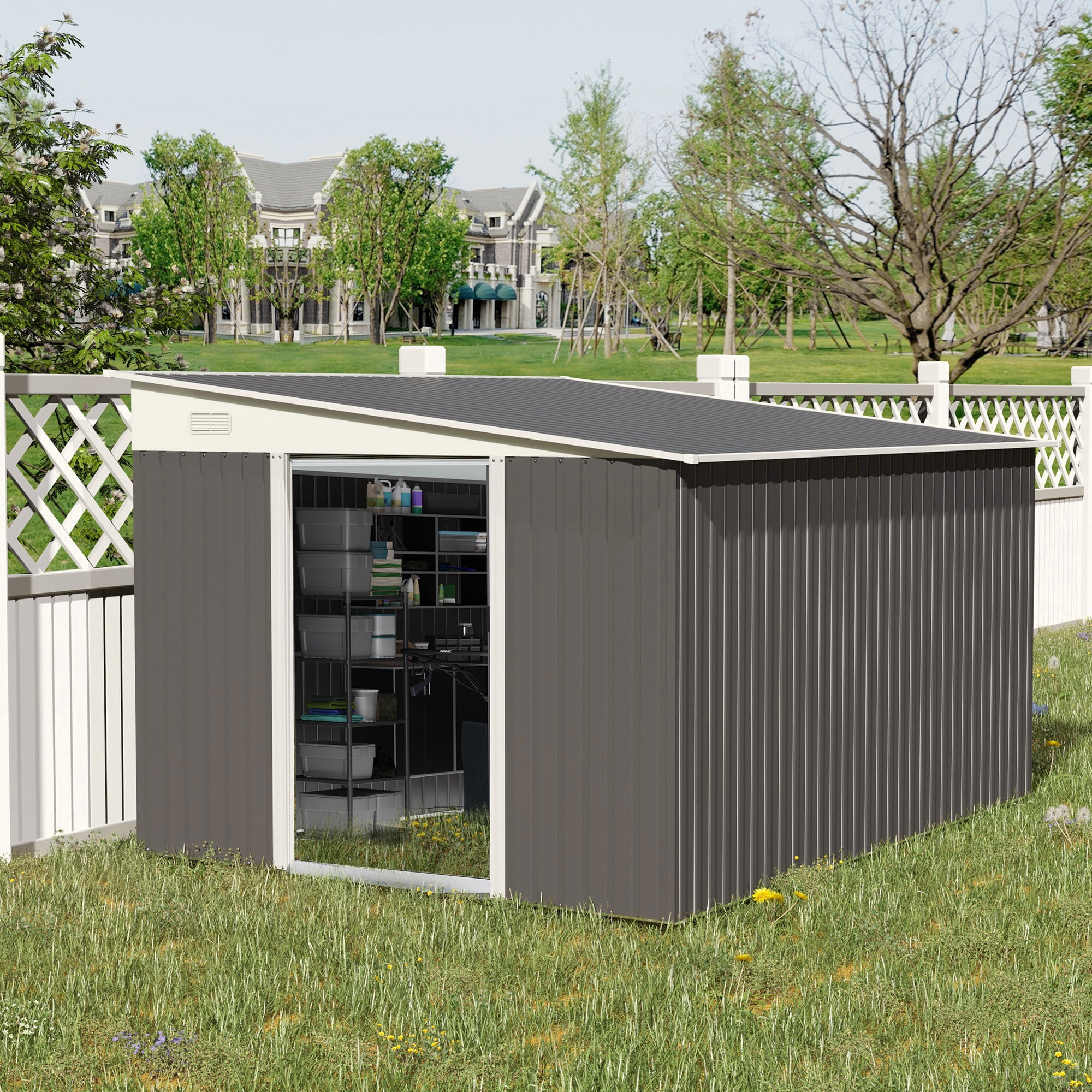 Gray Metal Outdoor Storage Shed with Double Lockable Doors and Vents