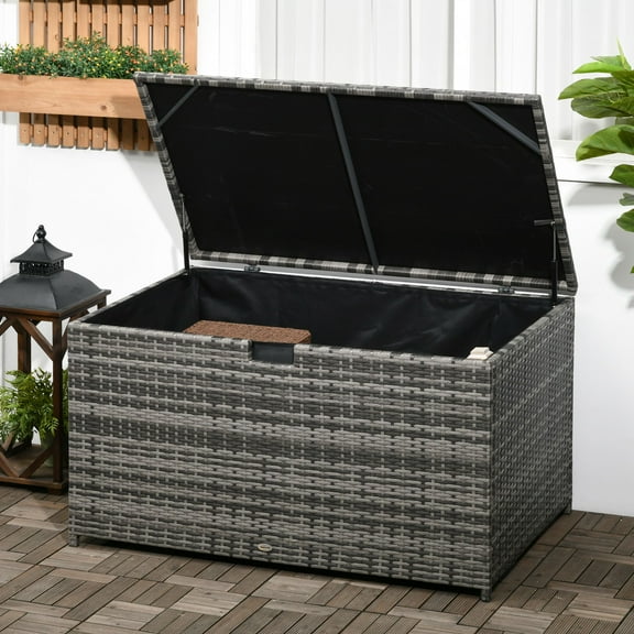 Outsunny 113 Gallon Deck Box, Rattan Outdoor Storage Box, Waterproof Storage Container for Indoor, Patio Furniture Cushions, Garden Tools, Dark Gray