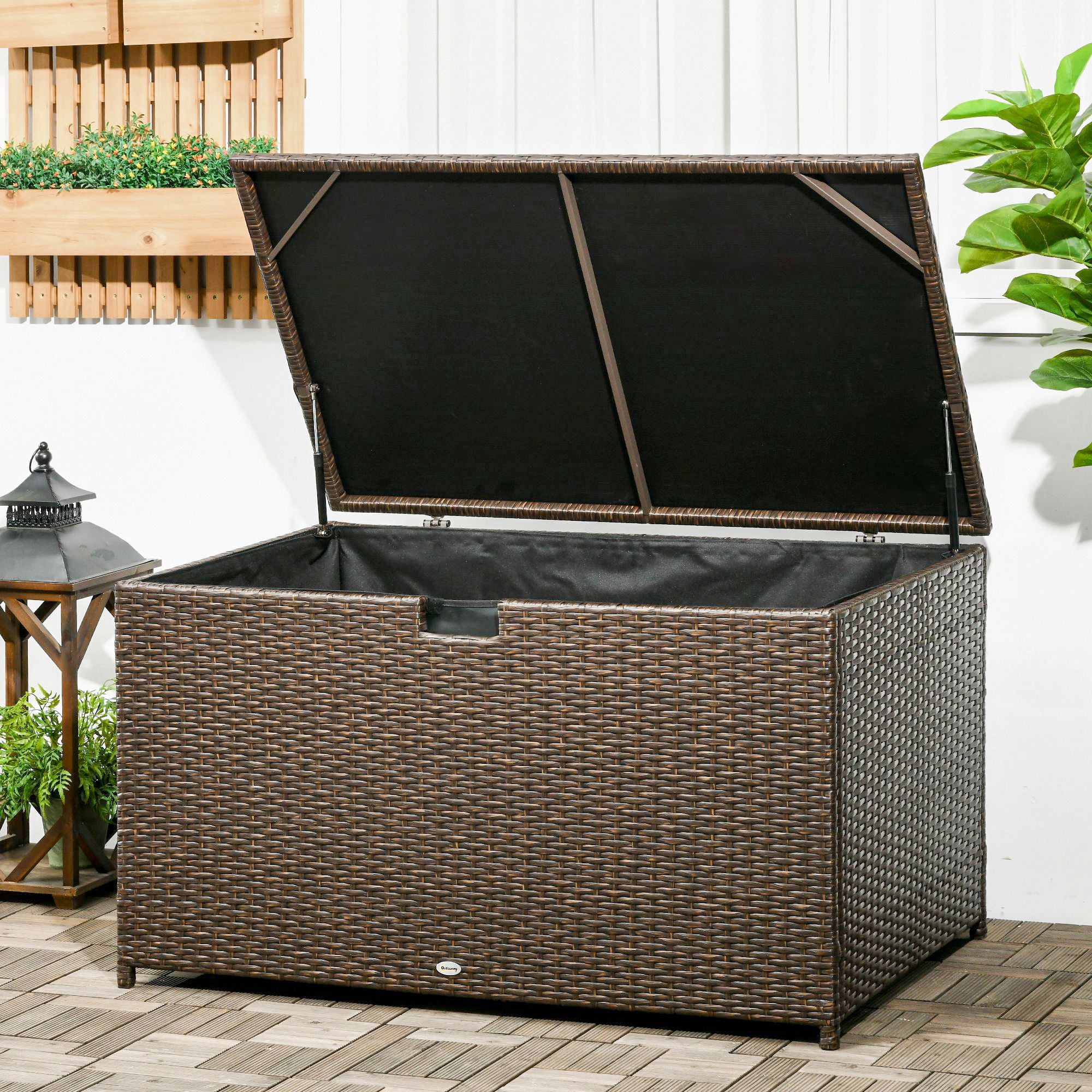 Brown Wicker and Plastic Outdoor Deck Box with Hydraulic Lift
