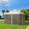 thumbnail image 1 of Outsunny 118" x 118" Steel Outdoor Patio Gazebo Canopy with Removable Mesh Curtains, Display Shelves, & Steel Frame, Cream White, 1 of 9