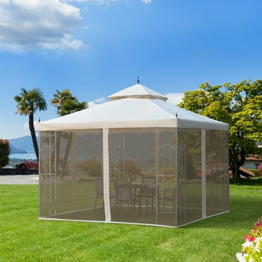 Outsunny 118" x 118" Steel Outdoor Patio Gazebo Canopy with Removable Mesh Curtains, Display Shelves, & Steel Frame, Cream White