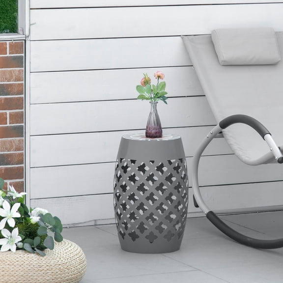 Outsunny 12" Round Patio Outdoor Footstool, Garden Mosaic Accent Side Table, Plant Stand, gray