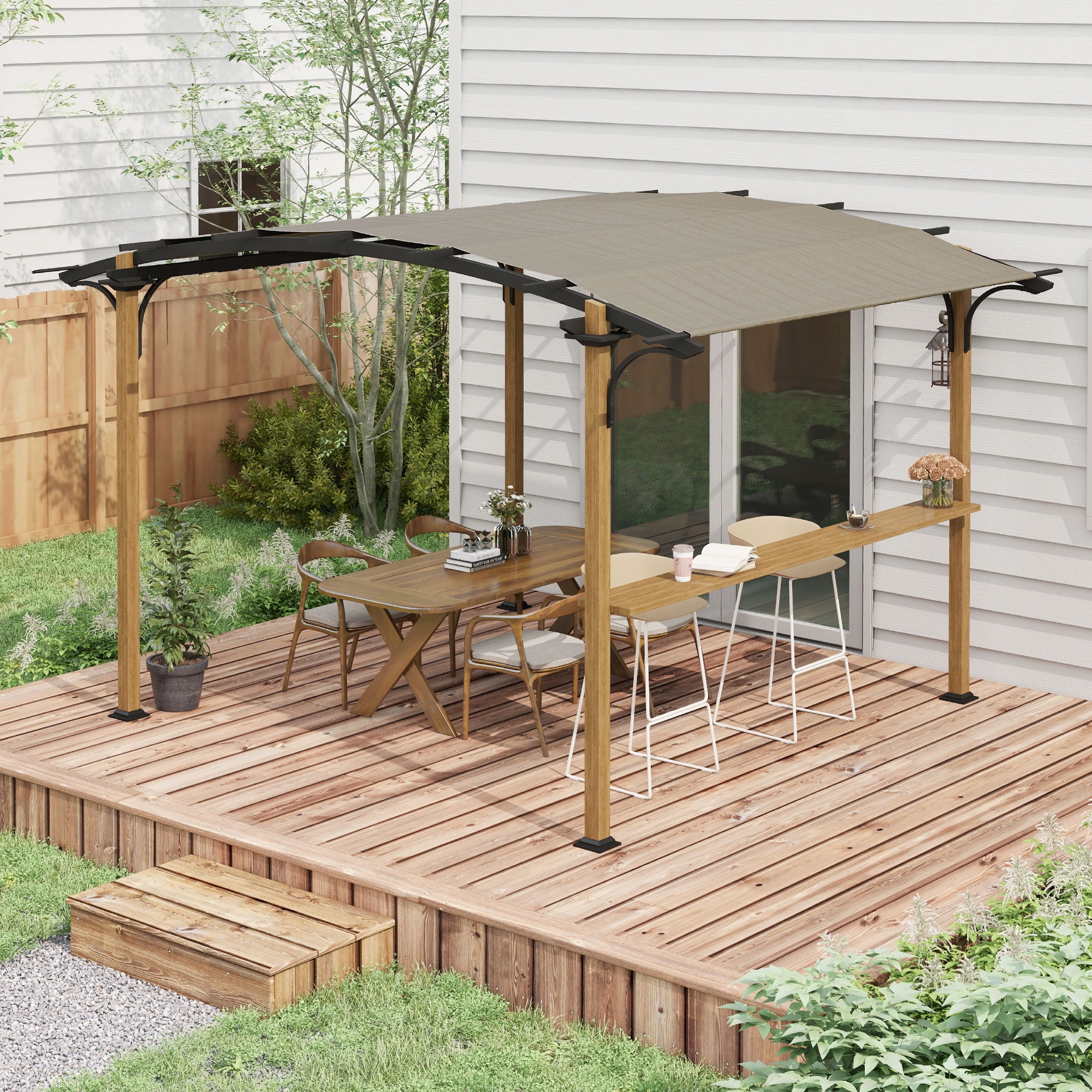 Natural Aluminum and Steel Pergola with Canopy and Bar Counter