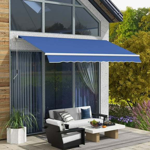 Outsunny 12' x 10' Manual Retractable Awning Outdoor Sunshade Shelter for Patio, Balcony, Yard, with Adjustable & Versatile Design, Dark Blue