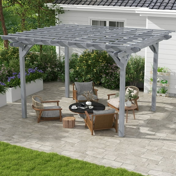 Outsunny 12' x 10' Wooden Pergola Grape Trellis, Outdoor Gazebo for Garden, Patio, Backyard, Deck, Gray