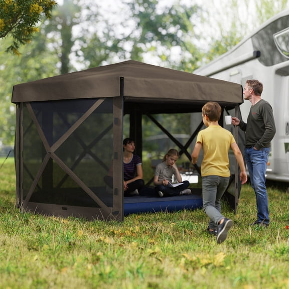 Outsunny 12' x 12' Hexagonal Pop Up Gazebo with 5 Sidewalls, Portable Outdoor Canopy, Brown
