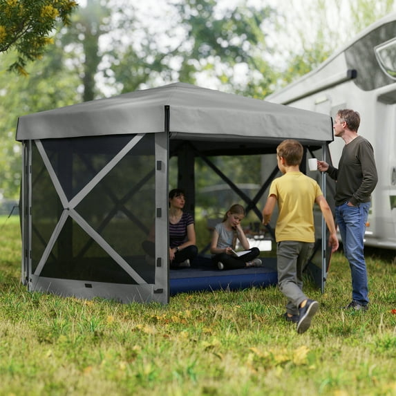 Outsunny 12' x 12' Hexagonal Pop Up Gazebo with 5 Sidewalls, Portable Outdoor Canopy, Dark Gray